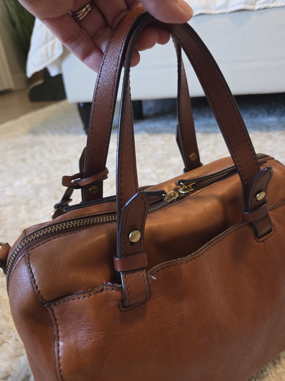 Fossil Cognac Leather Satchel with Key Charm - Picture 13 of 16